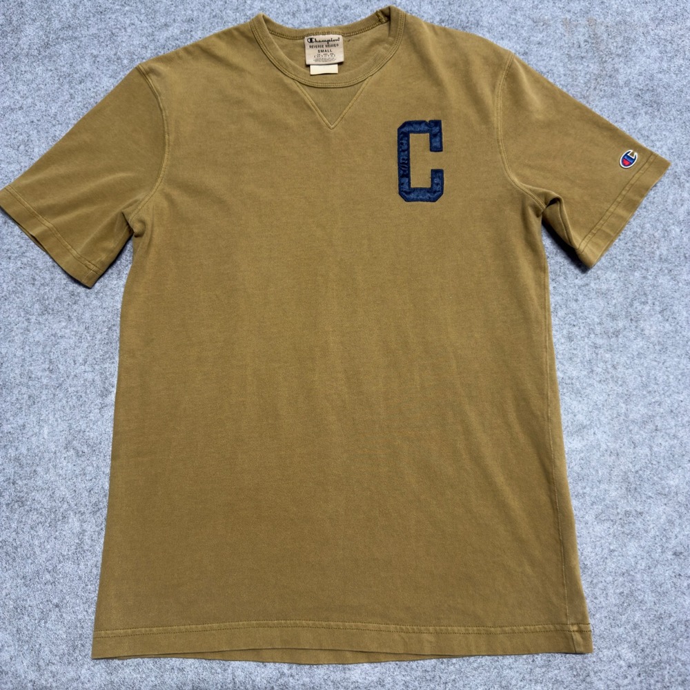 Champion Reverse Weave Mens Small T-Shirt Tan Mustard Chenille C Logo Patch Tee